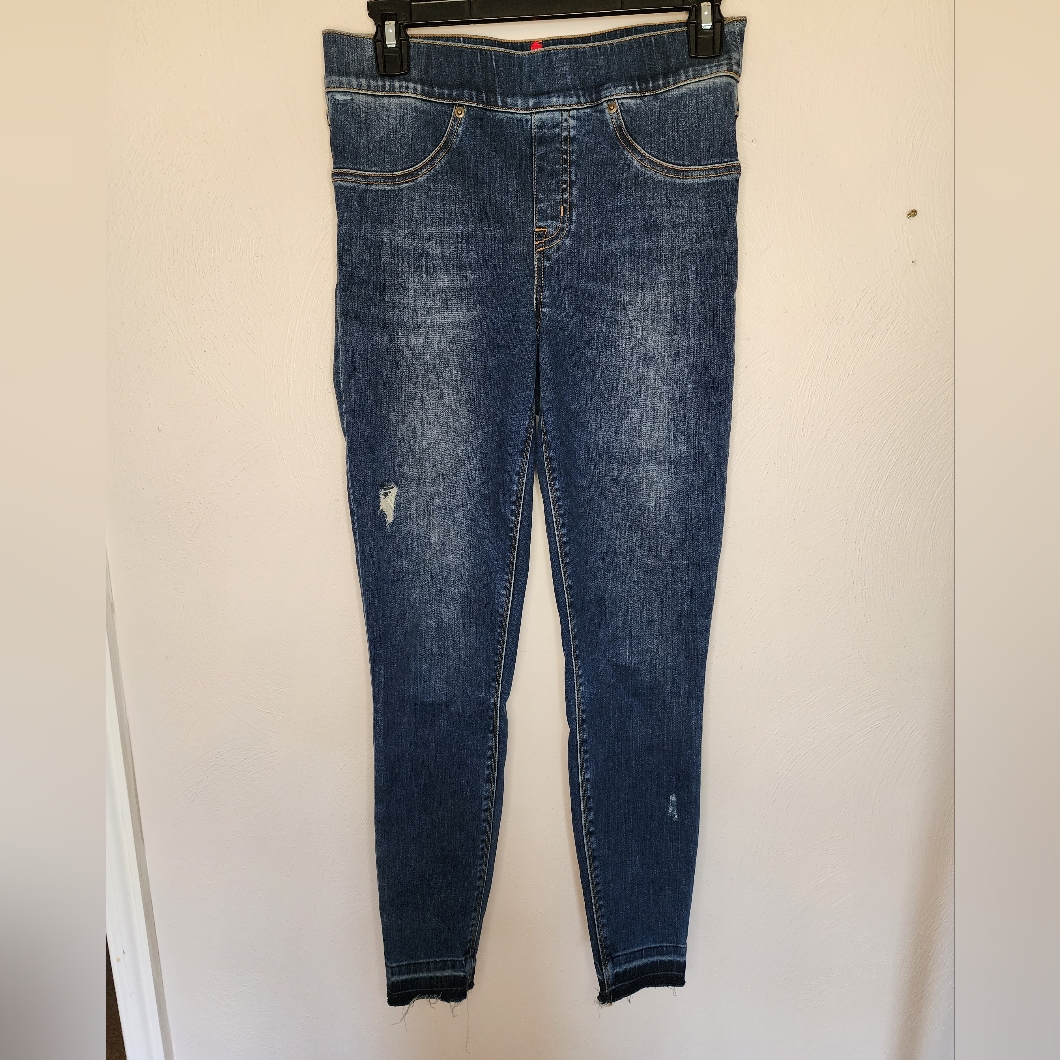 Spanx Distressed Skinny Dark Wash Blue Raw Hem Women's Pull On Jeans